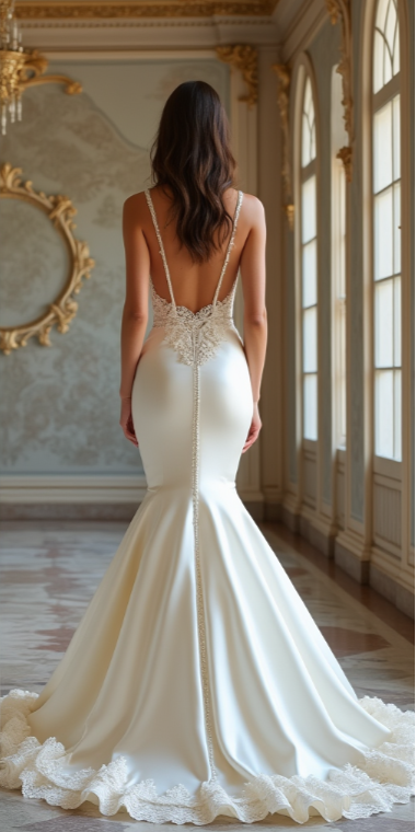 An elegant mermaid wedding gown with an illusion open-back lace design, pearl button closure, and a flowing satin train with intricate lace detailing.
فستان زفاف أنيق بقصة حورية البحر، يتميز بتصميم ظهر وهمي مزين بالدانتيل، وأزرار لؤلؤية، وذيل ساتان طويل بلمسات دانتيل رائعة.
Vestido de novia sirena con espalda ilusión de encaje, cierre de botones de perlas y una larga cola de satén con detalles de encaje intrincados.