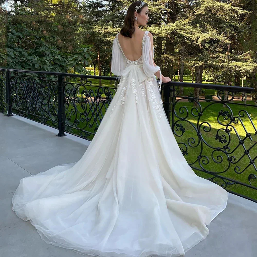 A-Line 3/4 Sleeve Sexy Deep V Neck Wedding Dress Open Back Tulle Lace Appliquéd Bridal Gown Boho Vestidos Custom Ivory 50cm