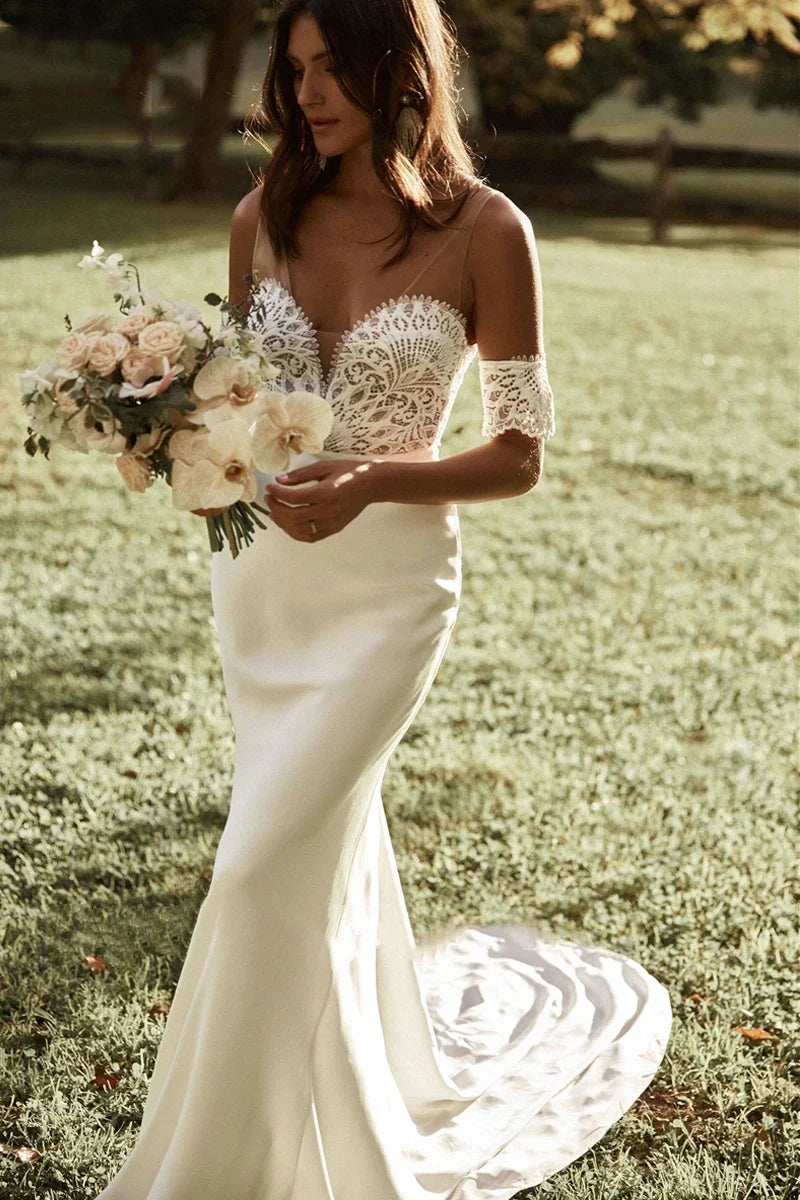 2024 Sweetheart Wedding Dresses Top Lace Appliques Detachable Sleeves Mermaid Boho Bridal Gowns A-Line Backless Vestido De Noiva