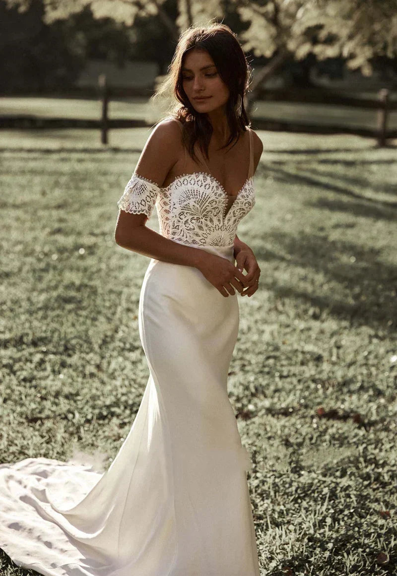 2024 Sweetheart Wedding Dresses Top Lace Appliques Detachable Sleeves Mermaid Boho Bridal Gowns A-Line Backless Vestido De Noiva Beige