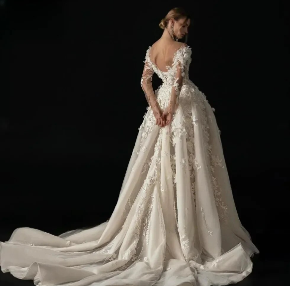 A-Line Elegant Wedding Dresses 2024 Boat Neck Long Sleeve Vestido De Novia Lace Appliques Flowers Romantic Robe De Mariee