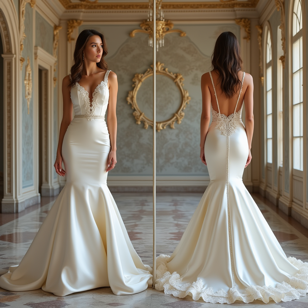 🔹 Ivory satin mermaid wedding dress | فستان زفاف عاجي بقصة حورية البحر من الساتان | Vestido de novia sirena de satén marfil
🔹 Elegant V-neck bridal gown | فستان زفاف أنيق بياقة V | Vestido de novia elegante con escote en V
🔹 Lace illusion back wedding dress | فستان زفاف بظهر وهمي مزين بالدانتيل | Vestido de novia con espalda ilusión de encaje
🔹 Luxury satin wedding gown with pearl buttons | فستان زفاف ساتان فاخر بأزرار اللؤلؤ | Vestido de novia de satén lujoso con botones de perlas
🔹 Mermaid silhouette