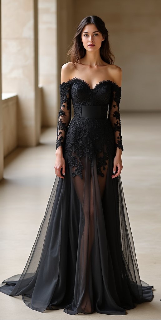A breathtaking black lace and tulle evening/wedding gown featuring an off-the-shoulder neckline, illusion lace sleeves, and a sheer embroidered skirt – perfect for gothic or alternative brides.
فستان زفاف/سهرة فاخر من الدانتيل الأسود والتول الشفاف، بتصميم مكشوف الكتفين وأكمام شفافة مطرزة – مثالي للعروس العصرية أو الإطلالات الفاخرة.
Vestido de novia/fiesta con encaje negro y tul transparente, con escote off-shoulder y mangas de encaje ilusión – ideal para novias góticas o eventos sofisticados.