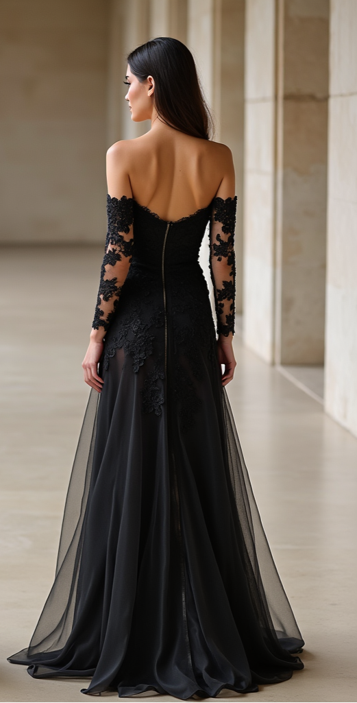 A stunning black lace evening gown with a fitted bodice, sheer illusion lace back, and dramatic tulle skirt – designed for elegance and allure.
فستان سهرة أسود أنيق بتصميم أنثوي فاخر، مزين بأزرار وأكمام شفافة، مع تنورة تول شفافة لإطلالة ساحرة.
Vestido de noche negro con corsé ajustado, espalda de encaje ilusión y falda dramática de tul – para un look sofisticado y atrevido.